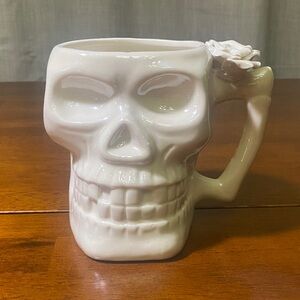 White Luster Skull Mug with flower by Spooky Hollow
